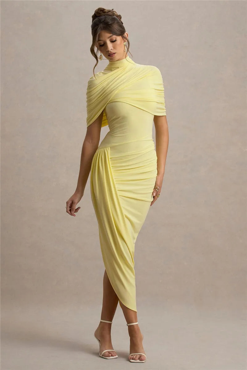 Backless Ruched Dress Women Summer Turtleneck Slim High Waist Evening Club Party Long Dress