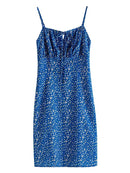 Bohemian Blue One-word Collar Suspender Dress Female Summer Seaside Holiday Style Floral Suspender Women