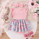 Summer Easter Infant Baby Girls Outfits Sleeveless Bunny Floral Ribbed Bodysuit Headband Clothes