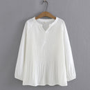 Spring Women Pleated Chiffon Blouses V Necks Long Sleeve Solid Casual Pullover Shirts Loose Tops