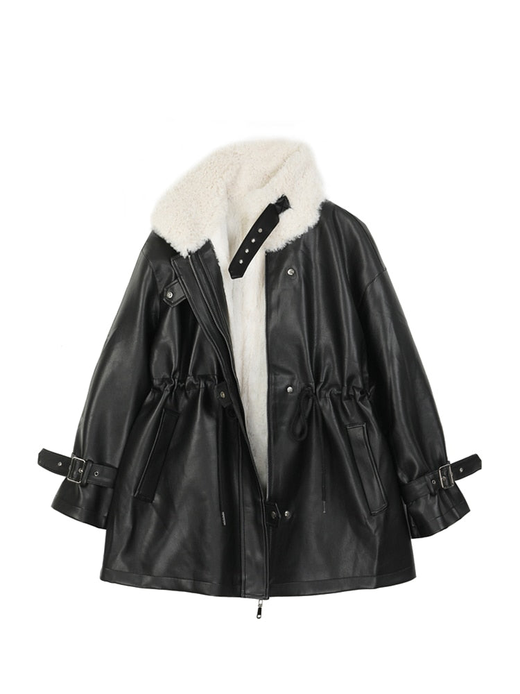 Women Leather Jacket Autumn Winter Warm Plush Thick Suede Outerwear Lambs Wool Short Motorcycle Coats Female