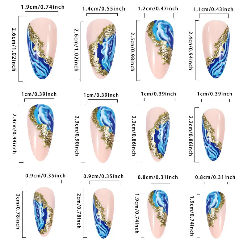 Almond Press on Nails Medium Fake Nails Pink Acrylic False Nails with Blue Marbling Designs