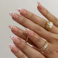 24Pcs Light Blue Gradient Almond Nails French Handmade Flowers Starfish Stick on Nails Summer for Vacation