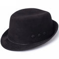 A black felt fedora hat with a pinched crown and a curved brim, featuring three small decorative buttons on the side, shown against a plain white background, Obroi