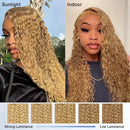 Comparison of blonde hair color under sunlight and indoor lighting with a color swatch below, Obroi