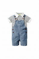 A baby boy's two-piece outfit featuring light blue denim overall shorts over a black and white striped short-sleeve polo shirt, displayed on a clean white background, Obroi