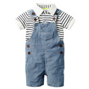 A baby boy's two-piece outfit featuring light blue denim overall shorts over a black and white striped short-sleeve polo shirt, displayed on a clean white background, Obroi