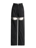 Embroidered Flares Jeans For Women High Waist Patchwork Button Hollow Out Summer Wide Leg Pants Female