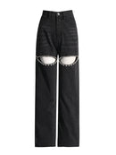 Embroidered Flares Jeans For Women High Waist Patchwork Button Hollow Out Summer Wide Leg Pants Female