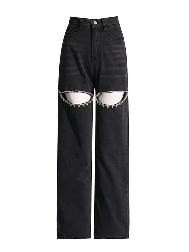 Embroidered Flares Jeans For Women High Waist Patchwork Button Hollow Out Summer Wide Leg Pants Female