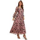 Dress Sen Style Women Dress U-Neck High Waist Mesh Long Sleeve Print Evening Dress Bridesmaid Wedding