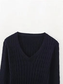 Women Vintage Navy Blue Long Sleeve V Neck Cable Knit Sweater Autumn Pullover Jumper