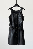 Fall Real Leather Dress for Women Single breasted Dress Lace-up Belt Mid-length Dresses