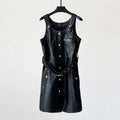 Fall Real Leather Dress for Women Single breasted Dress Lace-up Belt Mid-length Dresses