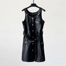 Fall Real Leather Dress for Women Single breasted Dress Lace-up Belt Mid-length Dresses