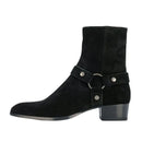 Black suede boot with buckle detail on a white background, Obroi