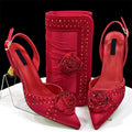 Elegant Rhinestone-Embellished Brown Heeled Shoes and Handbag Set for Women with Floral Decoration