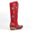 Women Embroidery Star Western Cowgirl Boots Pointed Toe Side Zipper Knee High with Heel Boots