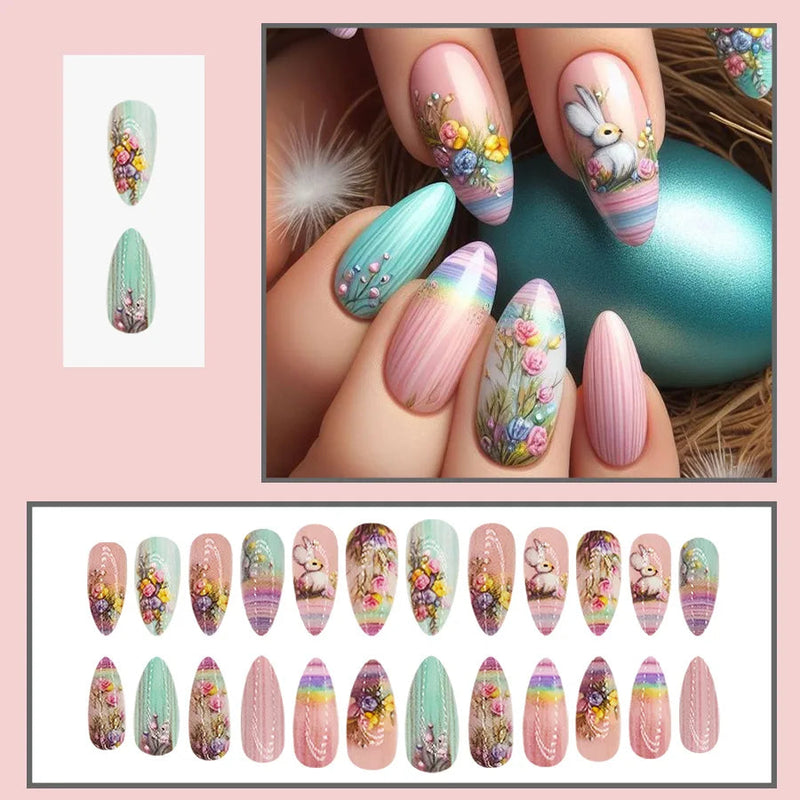 24pcs Press on Nails Sweet Pink Flowers Rabbit Print Fake Nails Full Cover Wearable Fresh Spring
