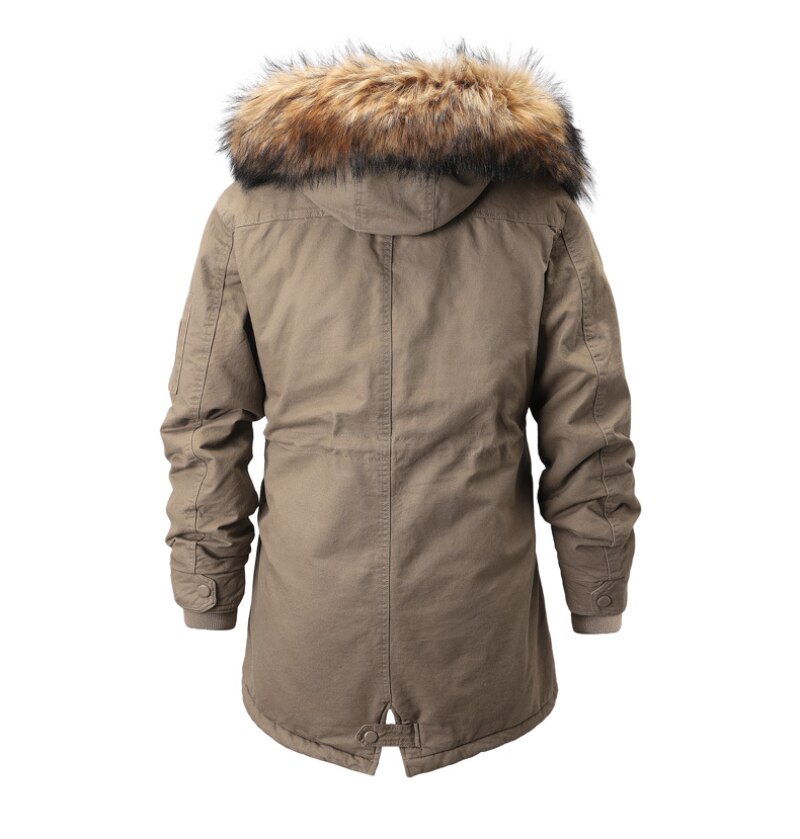 Men Medium Long Thick Warm Cotton Coat Fur Collar Zipper Multi Pocket Parka Coat Men Outdoor Windproof Coat