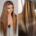 Brown and blonde wig on a mannequin head with close-up of hair texture, Obroi