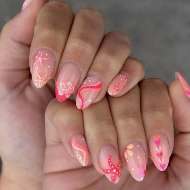 Press on False Nails with Flower starfish heart Design Fake Nail Reusable Round Full Cover Nails Tips