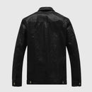Black leather jacket on a light gray background, Obroi