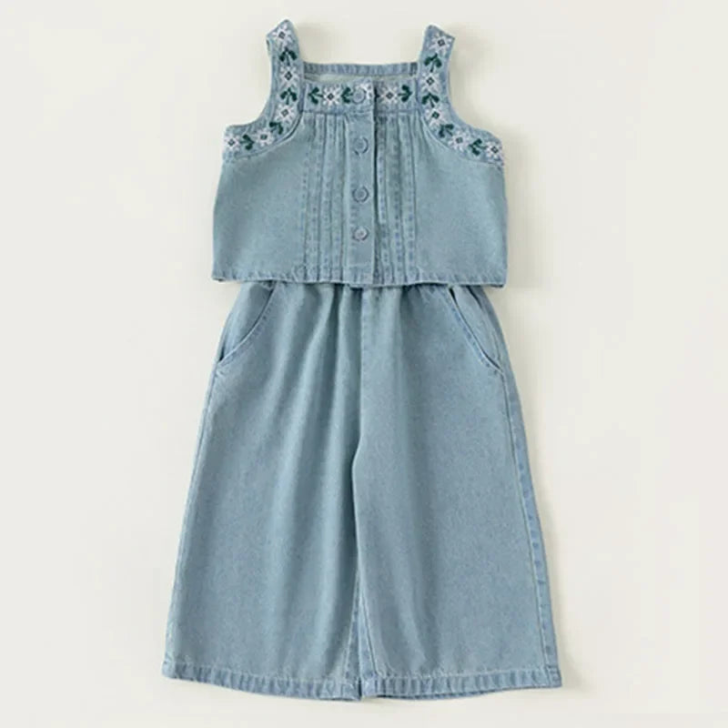Summer Costume Toddler Girl Clothes Flowers Sleeveless Denim Baby Pants Boutique Kids Clothing