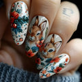 Press on Nails Countryside Flower False Nails Ins Cute Rabbit Fake Nail Patches Wearable Full Cover Almond Shaped Press on Nails