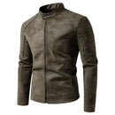 Brown leather jacket with a zipper on a white background, featuring the brand 'Obroi'.