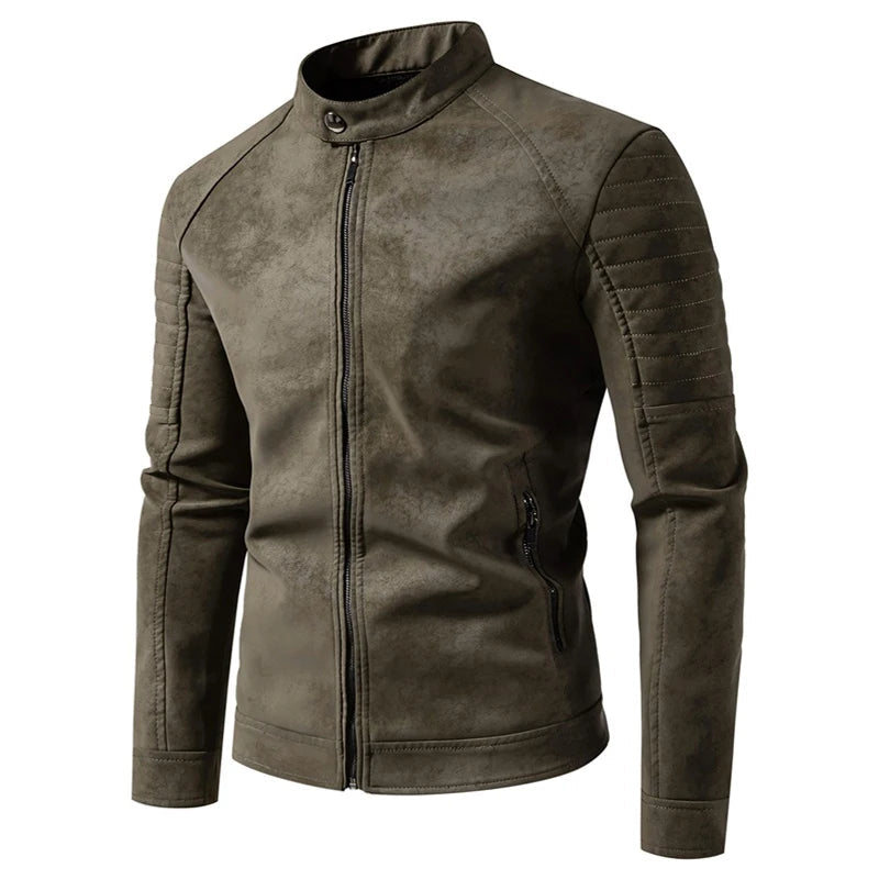 Brown leather jacket with a zipper on a white background, featuring the brand 'Obroi'.