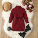 Autumn Kids Girls Casual Princess Dress Long Sleeve Turtleneck Knit Dress Belt Spring Clothes