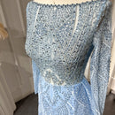 Luxury Crystal Blue Evening Dress with Overskirt Long Sleeves Women Wedding Formal Party Gown