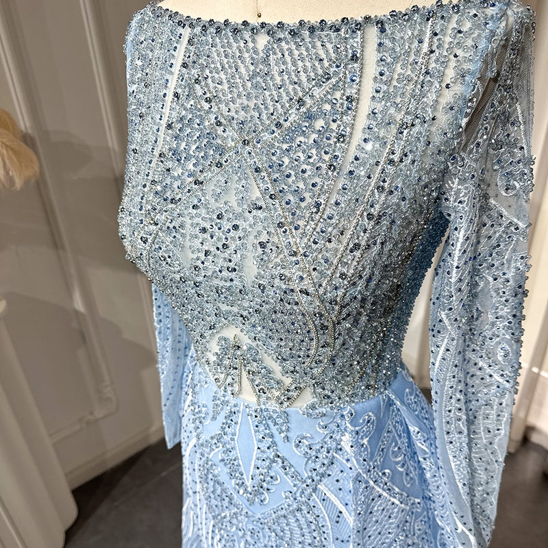 Luxury Crystal Blue Evening Dress with Overskirt Long Sleeves Women Wedding Formal Party Gown