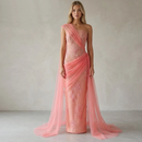 Elegant Pink One Shoulder Evening Gown Dresses Appliques Straight Tulle Draped Floor-Length
