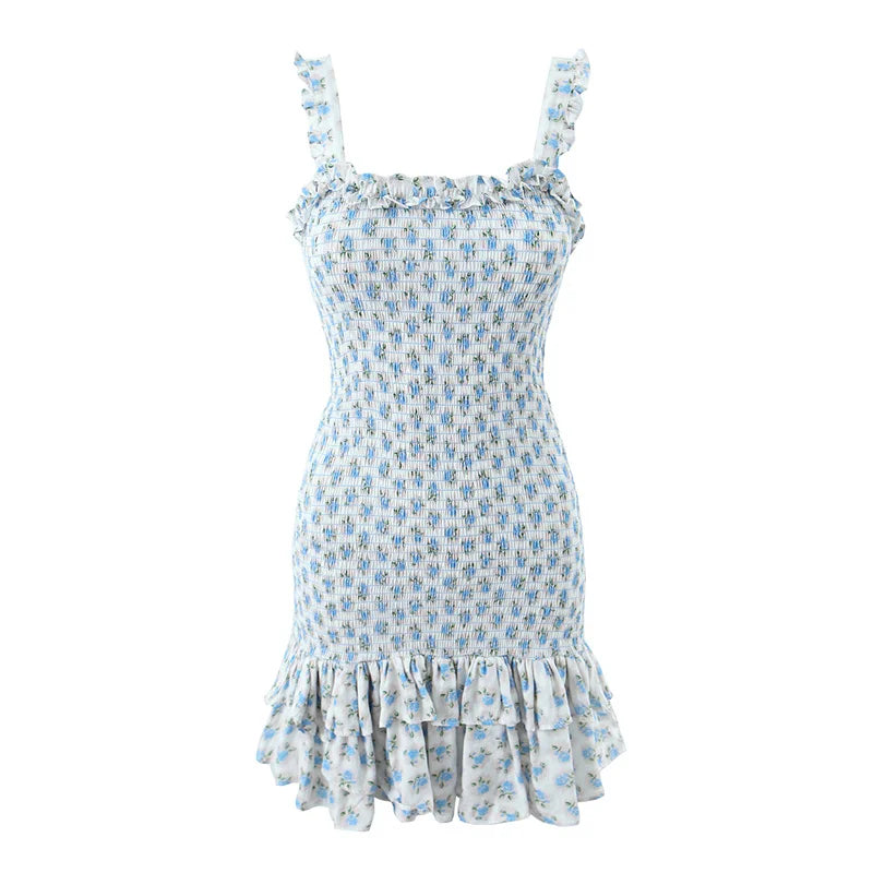 Summer Sweet Floral Elastic Tight Mini Dress Cute Chic Ruffles Backless Straped Dresses