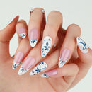 Blue Flowers White French Nail Art Almond False Nails Detachable Finished Fake Nails Press on Nails