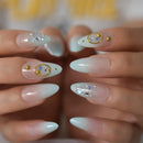 Almond Bling Press On Nails Medium Length Ombre False Nail Tips Gold Ring Glossy Fake Nails Designer