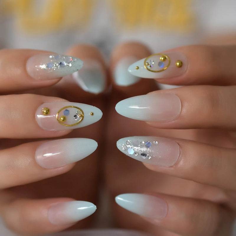 Almond Bling Press On Nails Medium Length Ombre False Nail Tips Gold Ring Glossy Fake Nails Designer