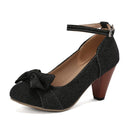 Women Pumps Pointed Toe Spike Heel Fabric Bowtie Ankle Strap
