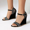 Refined Ladies High Heel Sandals Wedge Heel Rhinestone Band Open Toe Covered Heel