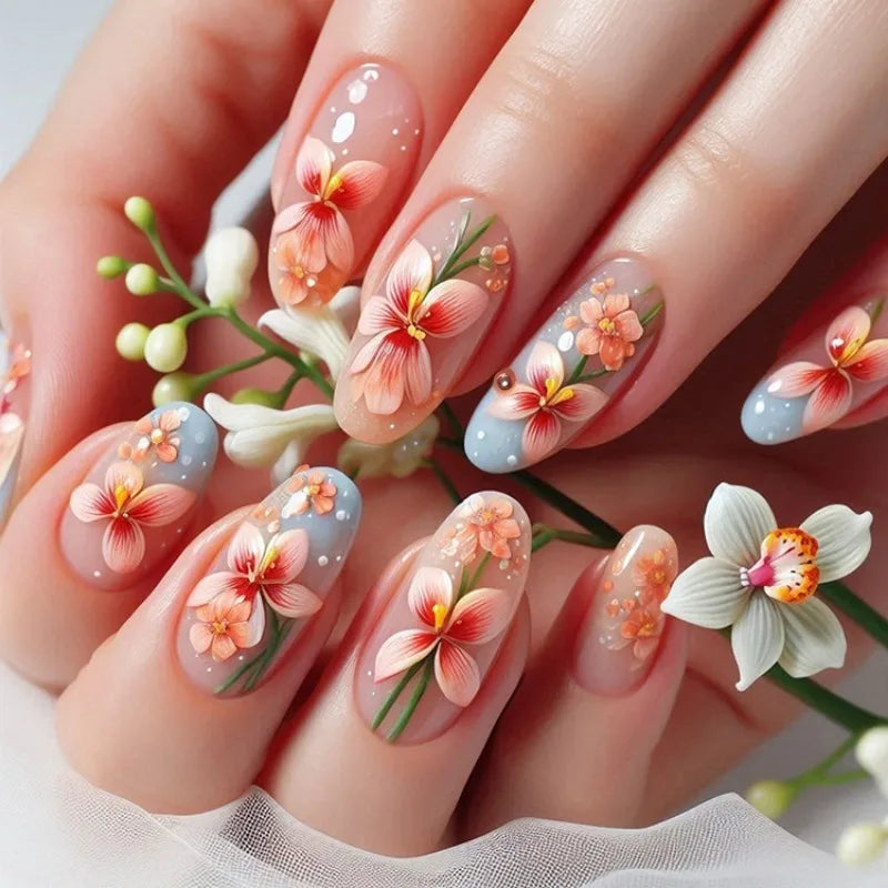 24Pc Almond Nails Pink Artificial Nails Simple Full Over Press on Nails Tips Art