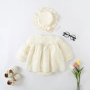 Baby outfit set with dress, hat, shoes, and glasses on a white background, Obroi
