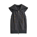 Autumn women's trend retro gold button hooded sleeveless backless sweatshirt jacket