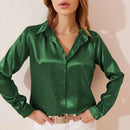 Vintage Women Satin Shirt Office Long Sleeve Blouse Spring Turn Down Collar Silk White Tops Elegant