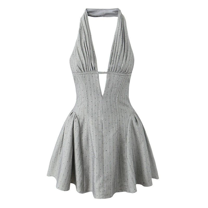 Pleated Halter Dress Women Backless Slim Low Waist Swing Ball Gown Short Dresses