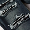 Men Black Leather Patches Denim Jeans Streetwear Pants Holes Ripped Dark Blue Stretch Trousers
