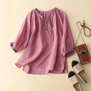 Ladies Casual Cotton And Linen Embroidery Comfortable Loose T-Shirts