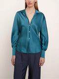Elegant Ladies Solid Color Silk Satin Shirt Spring New Women Lantern Sleeves Single-Breasted Turn-Down Collar Blouse