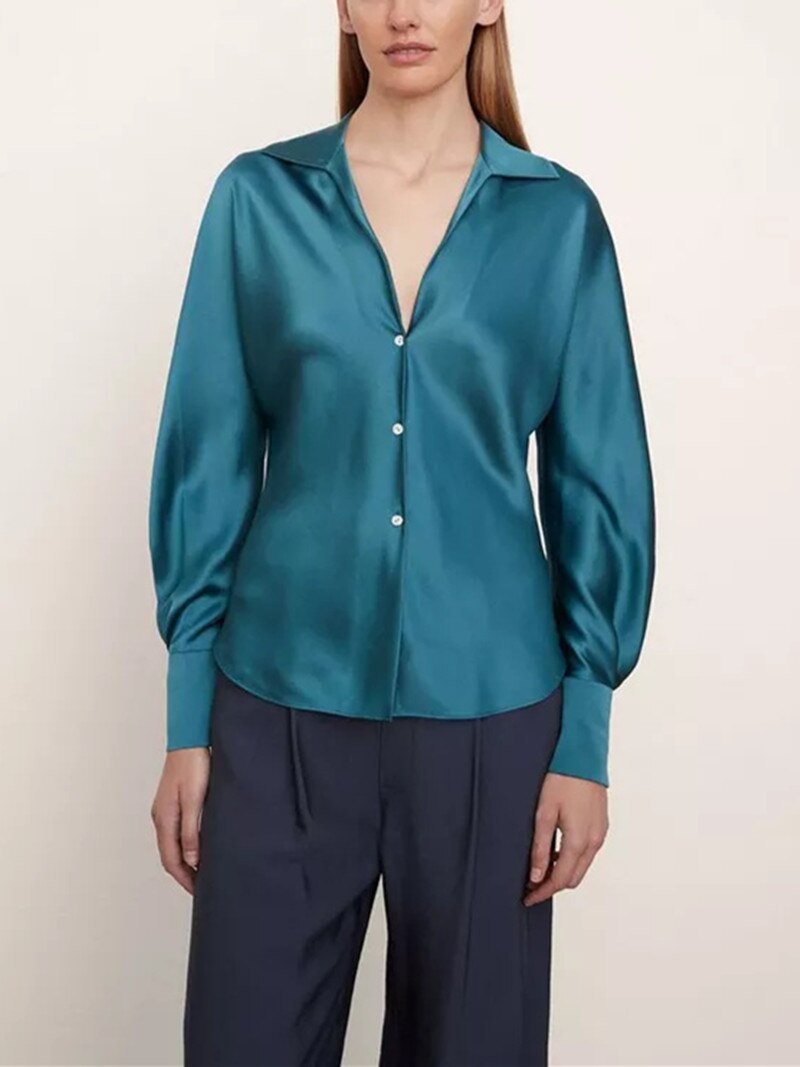 Elegant Ladies Solid Color Silk Satin Shirt Spring New Women Lantern Sleeves Single-Breasted Turn-Down Collar Blouse